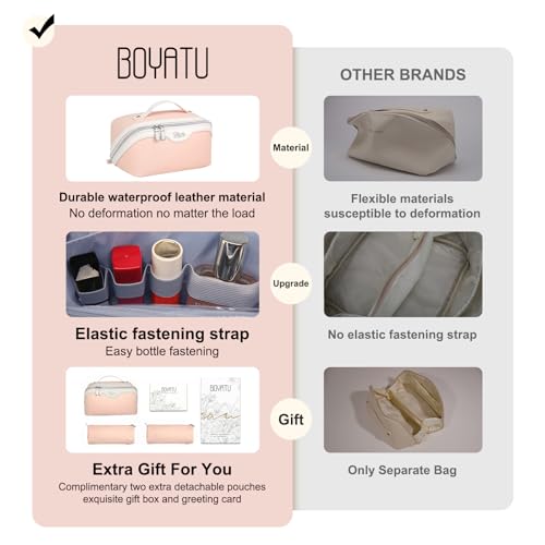 BOYATU Travel Makeup Bag Organizer Cosmetic Bag: 3 Pcs Set Make up Bags for Women with Handle - Waterproof Vegan Leather Toiletry Bags Travel Essentials Pouch with Compartments (A-09-Pink) - color: 02-D-Pink