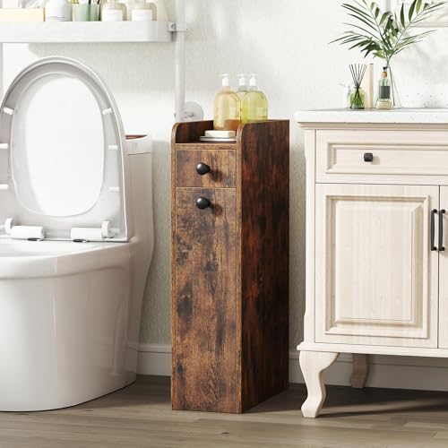 GIANTEX Slim Bathroom Storage Cabinet, Space-Saving Toilet Side Cabinet with Slide-Out Drawers on 3 Wheels, Freestanding Narrow Toilet Paper Holder for Living Room, Laundry Room (Rustic Brown) - color: Rustic Brown