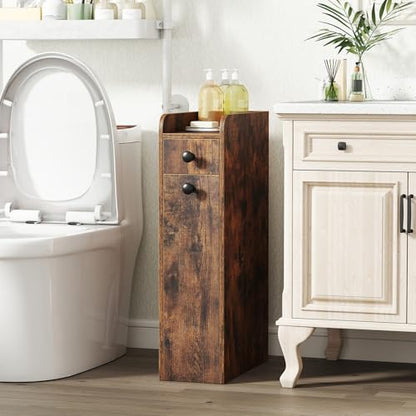 GIANTEX Slim Bathroom Storage Cabinet, Space-Saving Toilet Side Cabinet with Slide-Out Drawers on 3 Wheels, Freestanding Narrow Toilet Paper Holder for Living Room, Laundry Room (Rustic Brown) - color: Rustic Brown