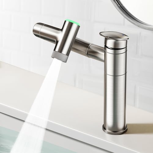 Bathroom Faucet 1 Hole with Temperature Display, Brushed Nickel | Batteries-Free, 1080° Rotatable Single Hole Bathroom Faucet, Single Handle Bathroom Vanity Faucets, 2 Spray Modes - color: Brushed Nickel
