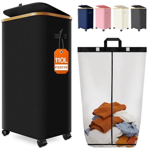 Laundry Hamper with Wheels, 110L Large Clothes Hamper with Removable Inner Bag, Collapsible Dirty Clothes Basket for Dorm, Rolling Dirty Clothes Basket for, Bedroom, Bathroom, Laundry Room - color: Black, size: 110L