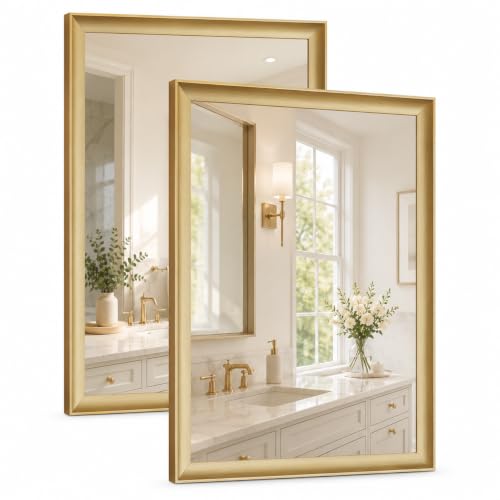2 Pack Brushed Gold Bathroom Mirrors for Over Sink, 22x30 Inch | Champagne Gold Rectangle Vanity Mirror for Bedroom, Entryway, Living Room Decor, Aluminum Framed, Curved Wide Edge - color: Brushed Gold, size: 22"Lx30"W-2pcs