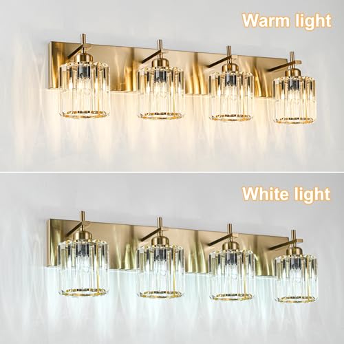 Modern Crystal Bathroom Vanity Lights, Gold 4-Lights Bathroom Light Fixtures Over Mirror, Crystal Wall Lighting with Polished Gold Finish - color: Gold-Round Shade, size: 4-Light