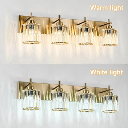 Modern Crystal Bathroom Vanity Lights, Gold 4-Lights Bathroom Light Fixtures Over Mirror, Crystal Wall Lighting with Polished Gold Finish - color: Gold-Round Shade, size: 4-Light