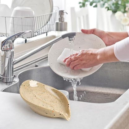 Soap Dish, Self Draining Soap Dishes 2PCS, Leaf Shape Ceramic Bar Soap Holder Drain Soap Dishes for Bathroom Sink Shower Kitchen, Easy to Clean Keeps Soap Dry, ANTIS'S HOME - color: Lightcurry-2pcs-enhanced Draining