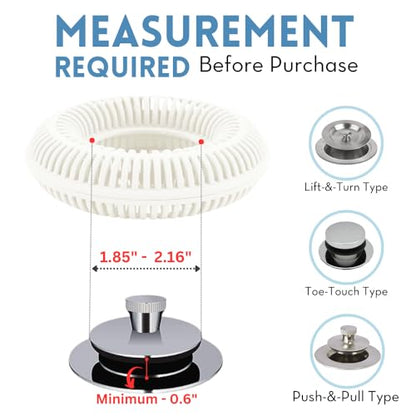 TubRing Pop-Up Drain Protector & Strainer Silicone Hair Catcher, White | Easy snap-in design fits around bathtub stoppers. Customizable utility guard for clog prevention. Fits 1.85"- 2.16" drains. - color: White
