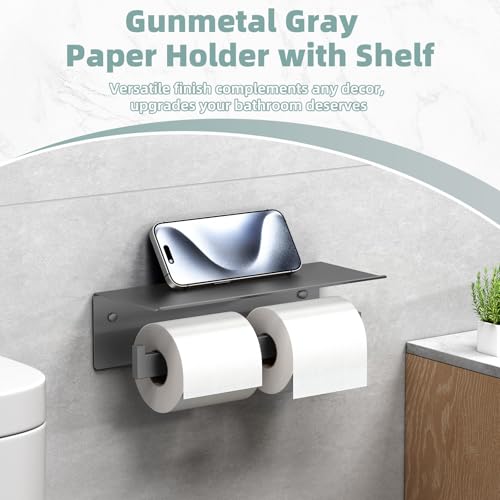 Gunmetal Gray Double Toilet Paper Holder with Shelf, 304 Stainless Steel Bathroom Tissue Roll Holder, Wall Mounted Paper Dispenser for Bathroom Kitchen, Fits Mega Rolls - color: Gun Gray, size: Double Rod