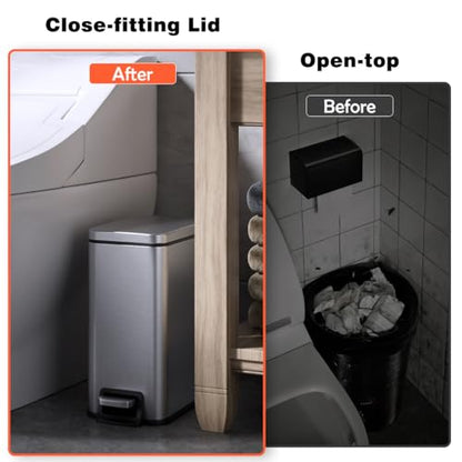Slim Bathroom Trash Can with Lid Soft Close, 1.6 Gallon Stainless Steel Garbage Can with Removable Inner Bucket, Durable Step Pedal, Small Trash Bins for Toilet, Bedroom, Kitchen, Office - color: Silver, size: 1.6 Gallon