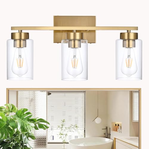 3-Light Bathroom Vanity Light, Modern Brushed Gold Wall Lights with Clear Glass Shades, Bathroom Wall Sconce Lamp for Mirror Living Room Bedroom Hallway - color: 3 Light Gold-Small