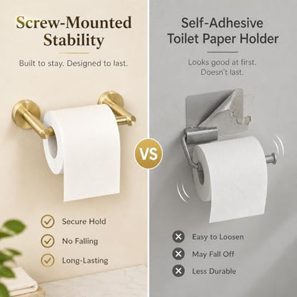 Gold Toilet Paper Holder Towel Ring, Brushed Gold Bathroom Accessories Hand Towel Holder Wall Mount Bath Hardware Set Tissue Roll Holder with Double Post SUS304 Stainless Steel 2pc