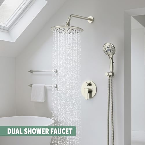 SunCleanse Brushed Nickel 8.5'' Shower System w/Handheld & Valve Kit | 2-IN-1 Shower Faucet Set, 7-setting Handheld Shower Head, Rough-in Pressure-balanced Valve and Trim Kit