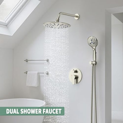 SunCleanse Brushed Nickel 8.5'' Shower System w/Handheld & Valve Kit | 2-IN-1 Shower Faucet Set, 7-setting Handheld Shower Head, Rough-in Pressure-balanced Valve and Trim Kit