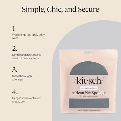 Kitsch African Net Sponge – Exfoliating Body Scrubber – Aqua Grey, 3 Pcs | for Cleansing & Gentle Daily Exfoliation – Stretchable Bath Sponge for Hard-to-Reach Areas – Long-Lasting Shower Essential - color: Aqua Grey