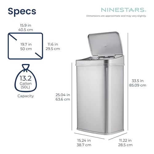 Ninestars 13 Gallon Automatic Trash Can, 50L Touchless Motion Sensor Garbage Can with Odor-Sealing Lid, Rectangular Stainless Steel, Silver Trim - color: Silver Trim