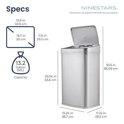 Ninestars 13 Gallon Automatic Trash Can, 50L Touchless Motion Sensor Garbage Can with Odor-Sealing Lid, Rectangular Stainless Steel, Silver Trim - color: Silver Trim