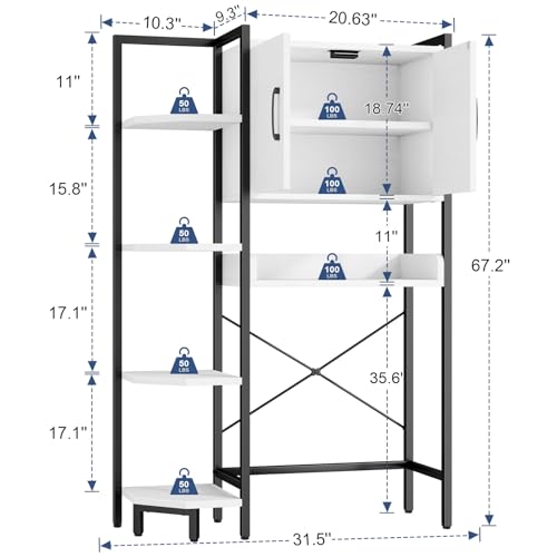 K2 Heavy Duty 7-Tier Over The Toilet Storage Cabinet（With Magnetic Doors & Adjustable Feet）Freestanding Above Toilet Shelf，Space Saver Bathroom Organizer 9.3"D x 31.5"W x 67.2"H，Beige White - color: White
