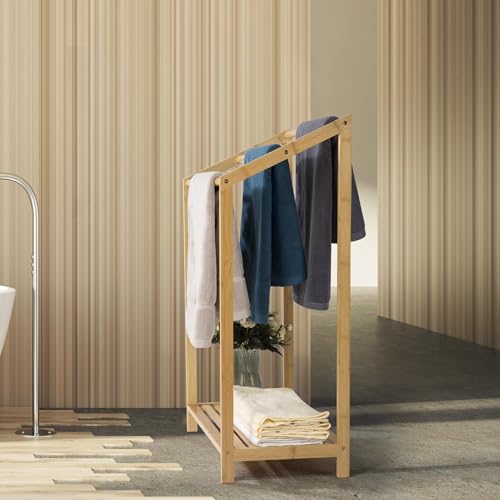 Bamboo Towel Rack Stand, Hand Towels Stand Holder, Freestanding Blanket Rack with Bottom Storage Shelf for Bathroom, Bedroom, Laundry Room