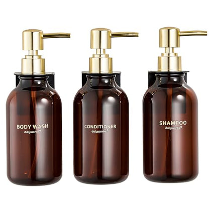 Amber Shampoo and Conditioner Dispenser Set of 3 | Gold Pumps, 16.9 oz Refillable Bottles, No-Drill Wall Mount, For Bathrooms, Hotels and Airbnbs - color: Dark Amber + Gold Pump