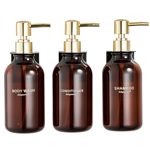 Amber Shampoo and Conditioner Dispenser Set of 3 | Gold Pumps, 16.9 oz Refillable Bottles, No-Drill Wall Mount, For Bathrooms, Hotels and Airbnbs - color: Dark Amber + Gold Pump