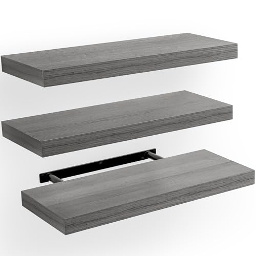 AMADA HOMEFURNISHING Floating Shelves, Wall Shelves for Bathroom/Living Room/Bedroom/Kitchen Decor, Grey Shelves with Invisible Brackets Set of 3 - AMFS07G - color: Grey, size: 15.7 Inches