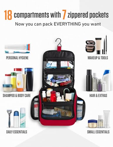 VENTURE 4TH Hanging Travel Toiletry Bag, 18 Compartments - Red | Hangs on rails, hooks or doors; stands upright. Removable TSA pouch. Water-resistant Nylon 290D Twill, reinforced stitching. - color: Red