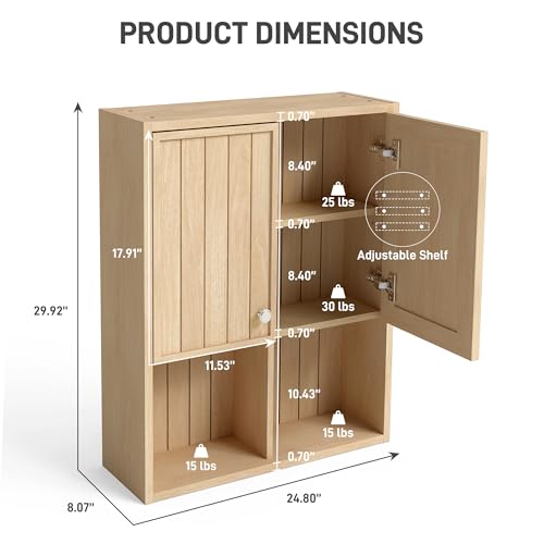 Bathroom Storage Cabinet Wall Mounted, Pre-Assembled Medicine Cabinet with 2 Doors, Slim Hanging Wall Cabinet Over The Toilet for Small Spaces, Modern Farmhouse Style,Natural Oak
