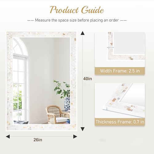 White Bathroom Mirrors for Wall 26x40 Inch | Mosaic Frame Rectangle Mirror with Tempered Glass for Bathroom, Bedroom or Entryway - size: 40"L x 26"W