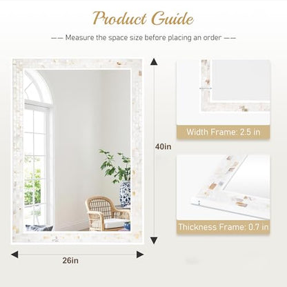 White Bathroom Mirrors for Wall 26x40 Inch | Mosaic Frame Rectangle Mirror with Tempered Glass for Bathroom, Bedroom or Entryway - size: 40"L x 26"W