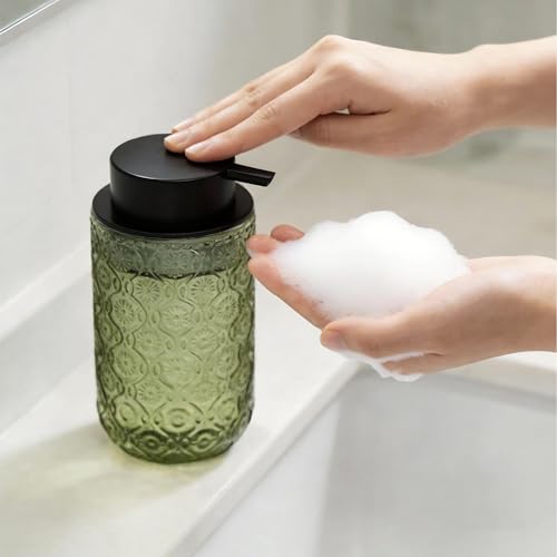 13.5 oz Glass Soap Dispenser, Luxurious Floral Embossed Glass Bathroom Countertop Foaming Pump for Kitchen Vanity (Green) - color: Green