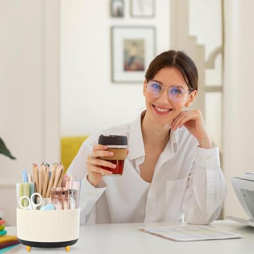 SKYDUE 360 Rotating Organizer, Dual-Purpose Pencil Pen Holder, 5-Slot Rotating Pencil Cup for Office, School, Home (Beige-Black) - color: BeigeBlack_1Pack