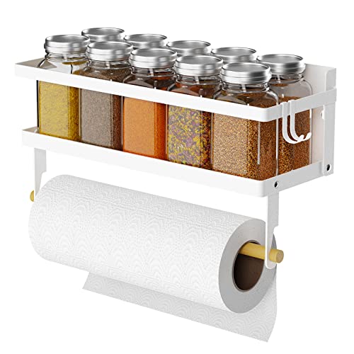 Spice Rack Magnetic Shelf with Paper Towel Holder Roll and Hooks, Foldable Refrigerator Magnetic Spice Holder, Seasoning Organizer Hanging Spice Storage Stand, White - color: White