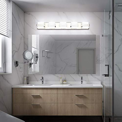 SOLFART Chrome 5 Light Bathroom Vanity Lights Over Mirror, Modern Chrome Bathroom Light Fixtures LED Lights Dimmable - color: Upgraded Chrome-6000K,100%-0% Dimmble Brightness, size: 5- Light,34Inch