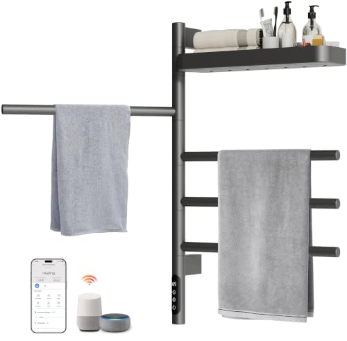 ENZE Smart Rotating Heated Towel Rack, 4-Bar, Gray | Wall-Mounted Electric Towel Warmer Rack, Swivel Shelf, Wi-Fi App Control, 24H Timer, Stainless Steel - color: Gray 17.72"x26.77"