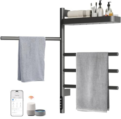 Smart Rotating Heated Towel Rack, 4-Bar, Gray | Wall-Mounted Electric Towel Warmer Rack, Swivel Shelf, Wi-Fi App Control, 24H Timer, Stainless Steel - color: Gray 17.72"x26.77"