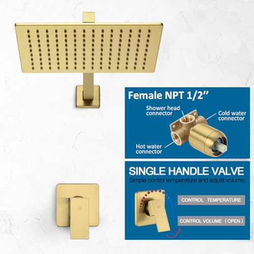 Shower Faucet Set Brushed Gold Bathroom Rainfall 12 Inch Shower Head and Handle Set Wall Mounted Shower System Single Function Shower Fixture, Include Shower Valve and Trim Kit - color: Brushed Gold, size: 12 Inch (Wall Mount)