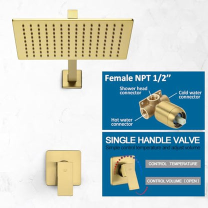 Shower Faucet Set Brushed Gold Bathroom Rainfall 12 Inch Shower Head and Handle Set Wall Mounted Shower System Single Function Shower Fixture, Include Shower Valve and Trim Kit - color: Brushed Gold, size: 12 Inch (Wall Mount)