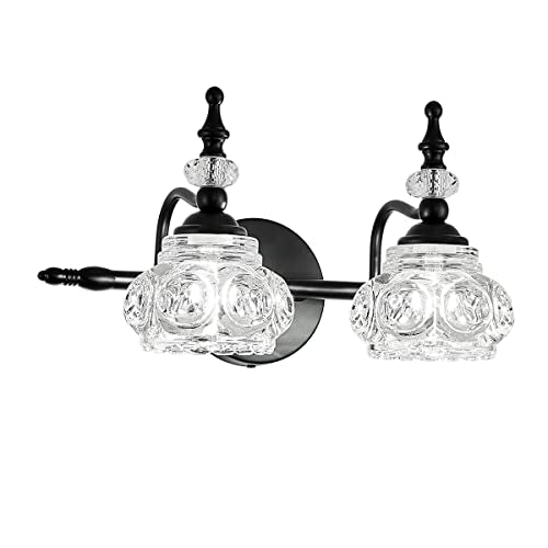 Bathroom Vanity Light Fixtures, 2-Light Vintage Crystal Wall Lights, Painted Black Surface, Thick Crystal Glass Shade, Vintage Wall Sconce for Bathroom, Bedroom, Living Room - color: Black, size: 2-Light (1-Pack)