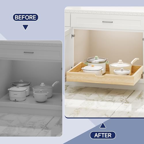 Pull Out Cabinet Organizer, 31.5 in W x 21 in D Solid Wood Slide Out Drawer, Soft Close Sliding Shelf, Bottom or Side Mount for Kitchen Pantry Bathroom, Fits 32.5 in Cabinet Opening - size: 31½” W × 4"H x 21” D