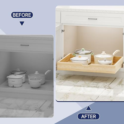 Pull Out Cabinet Organizer, 31.5 in W x 21 in D Solid Wood Slide Out Drawer, Soft Close Sliding Shelf, Bottom or Side Mount for Kitchen Pantry Bathroom, Fits 32.5 in Cabinet Opening - size: 31½” W × 4"H x 21” D