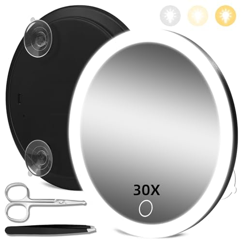 30X Magnifying Mirror with Lights, 30x Magnified Mirror with 3 Color Lights Adjustable Brightness, Rechargeable 6inch Travel Magnification with 3 Suction Cups - Includes Tweezers & Scissors - color: Black-30x