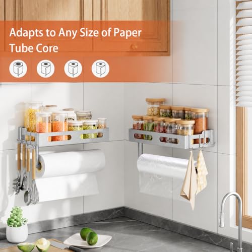 Silver Paper Towel Holder Wall Mount with Shelf, Easy One Hand Tear, Adhesive Glue or Drill Mount Hanging Paper Towel Holder with Shelf for Kitchen/Bathroom/RV, Metal, 4 Hooks - color: Silver
