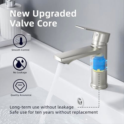BELZ Nickel Bathroom Faucet, Lead-Free Single Hole Sink Faucet for Vanity | NSF372 Certified, Anti-peeling PVD Nickel Finish, Water-saving & Anti-splash, Single Handle Modern Design with Hot/Cold Hoses - color: Brushed Nickel