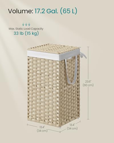 SONGMICS Laundry Hamper with Lid, 17.2 Gallon (65L) Synthetic Rattan Clothes Laundry Basket with Lid and Handles, Foldable, Removable Liner, Summer Sand ULCB165LZ01 - color: Summer Sand, size: 65 L