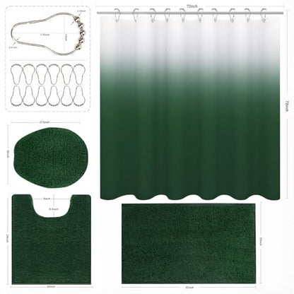 Shower Curtain Sets with Rugs and Adjustable Toilet Seat Cover | 4 Pcs Gark Green Bathroom Sets with Shower Curtain and Rugs and Microfiber Toilet Lid Cover - color: Gark Green