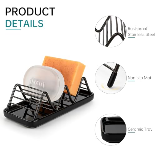 Stainless Steel Soap Dish Draining Soap Holder with Ceramic Tray, Black | Reversible Design Fits 2-3 Bars, Rustproof, Easy to Clean, Space Saving, Non Slip, for Bathroom, Shower, Kitchen - color: Black, size: 6.3" x 3.0"(with tray)