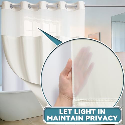 Conbo Mio No Hook Waffle Weave Shower Curtain with Snap in Liner Set, Hotel Luxury Beige Shower Curtains for Bathroom with See Through Top Window, Waterproof, Washable 71W x 74H - color: Waffle-beige, size: 71"W x 74"L (Pack of 1)
