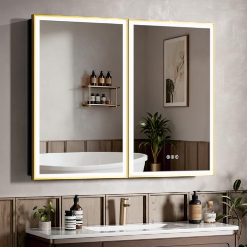 40x32 Inch Lighted Medicine Cabinet Gold Aluminum Frame 3-Color Dimmable LED Anti-Fog Mirror Surface & Recessed Mount for Bathroom Hotel Apartment Dressing Room Entryway - color: Gold, size: 40X32 IN