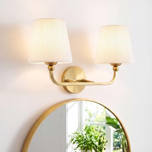 2-Light Brushed Gold Bathroom Vanity Light, Pleated Fabric Shade | 17" 2-light gold double wall sconce with white pleated fabric shades, E26 bulbs, hardwired, upward only, VL837-BG-Z-2 - color: Brushed Gold, White Pleated Shade, size: 2-light