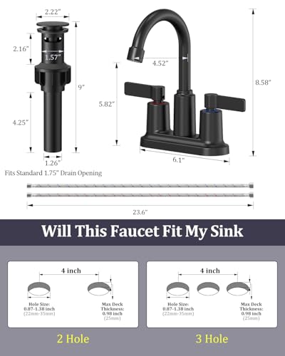 Matte Black Bathroom Sink Faucet 3 Hole 4 Inch Centerset Bathroom Faucets | Faucet for Bathroom Sink with Pop Up Drain and 2 Supply Hoses 2 Handle Bathroom Faucet for Sink Vanity RV Evolvegoods - color: Matte Black