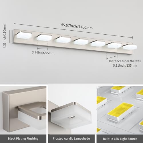 7-Light Bathroom Vanity Light Fixture Over Mirror, Nickel LED Vanity Lighting Fixtures, 45.67 inch Modern Bathroom Wall Light Fixtures with Rotating Lamp Head - size: 7-Light,46Inch